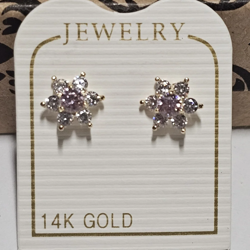 14KT Italian Gold Flower CZ Screw Back Stud Earrings October
